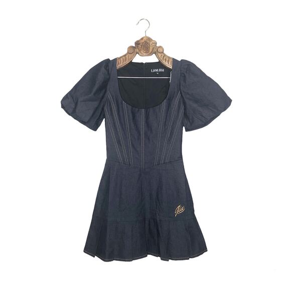 I AM GIA Dress Puff Sleeve Corset Bodice Pleated Skirt Embroidered Blue Denim S - Picture 1 of 9